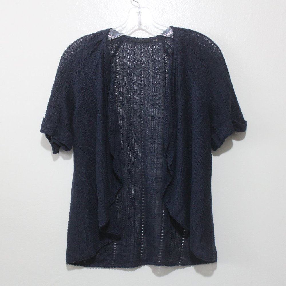 Elie Tahari Linen Dark Navy Blue Light Knit Short Sleeve Open Front Cover Up